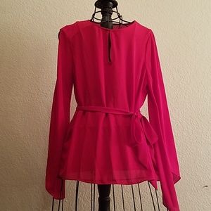 Halston Red Split Bell Sleeve Blouse. NWOT